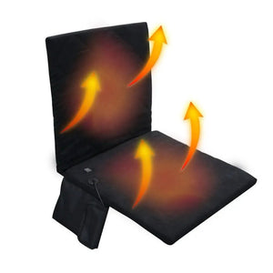 Heated outdoor seat cushion with backrest in black for camping