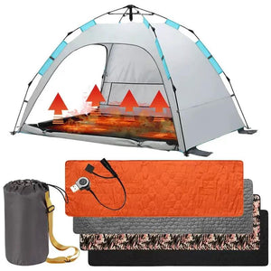 LITEGUEST USB Heated Sleeping Mat with controller; orange heated pad atop 3 stacked gray and patterned sleeping pads