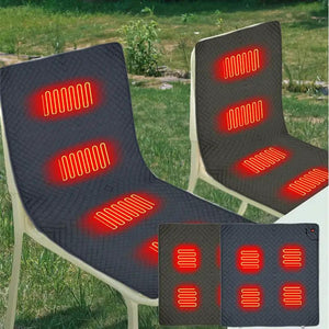 Heated seat cushions set of two in dark gray quilted fabric with red warming panels; USB-powered for outdoor chairs.