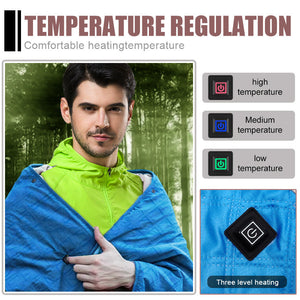LITEGUEST heated camping blanket in blue with three-level heating controls for USB-powered warmth outdoors.