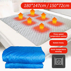 LITEGUEST heated camping blanket, gray quilted, USB powered with control switch; two blue folded blankets nearby.