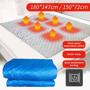 LITEGUEST heated camping blanket, gray quilted, USB powered; blue folded blanket shown; two blankets.