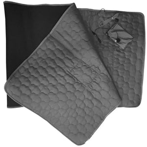 LITEGUEST USB heated sleeping mat, gray quilted sleeping pad with black underside and attached storage pocket.