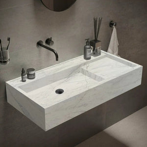 Villohome Imperial Marble modern rectangular wall-mount bathroom sink, white marble, 18x48 inches, black faucet