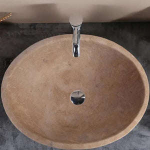 Karina Walnut Travertine oval stone bathroom vessel sink, above-counter with chrome drain