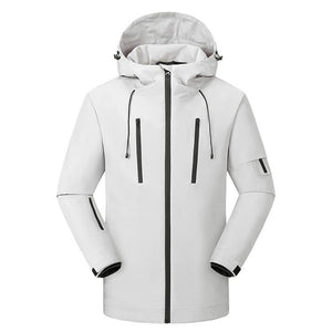Heated ski waterproof jacket, white with black zippers and hood