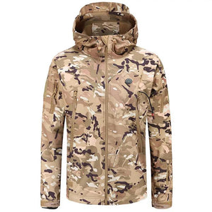 LITEGUEST 7-Zone Heated Camo Jacket, hooded USB-powered hunting parka in desert camouflage with multiple zip pockets.