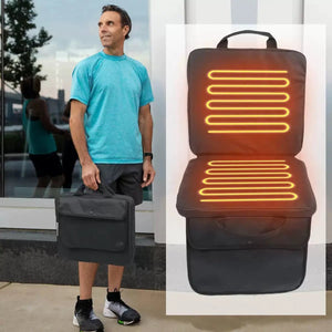 LITEGUEST USB Heated Stadium Seat Cushion, black with glowing orange heating coils, by SmartTherm OutdoorLiteGear Inc.