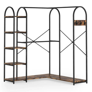 Corner L-shaped garment rack with black metal frame, brown wood shelves, and three hooks on the right panel.