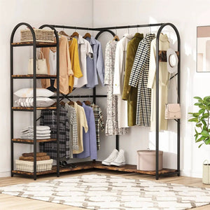 HomePacific corner L-shaped garment rack in black metal with wood shelves and hanging clothes.