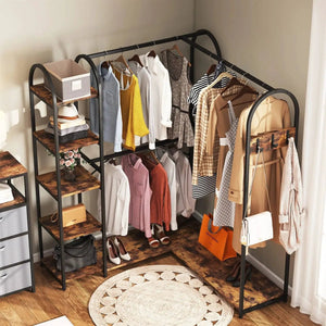 Corner L-shaped garment rack by HomePacific, black metal frame with wood shelves, clothing on hanging rods.