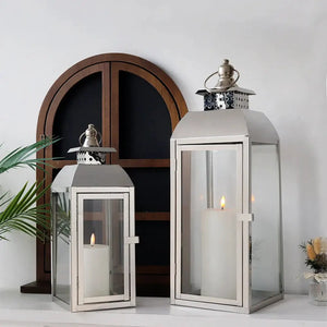 Stainless steel decorative candle lanterns set of 2 with glass panels, 20.5 in and 15 in tall, JHY DESIGN