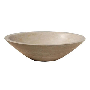 Travertine oval vanity vessel sink in light beige, polished finish.