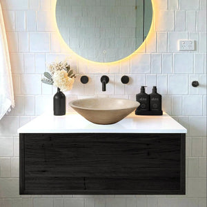 Travertine oval vessel sink, light beige polished stone, above-counter bathroom vanity by Villohome.