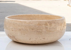 Travertine bathroom vessel sink, light beige polished natural stone