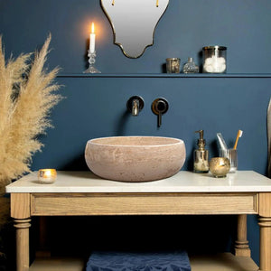 Villohome light beige travertine stone vessel sink above vanity with polished finish.
