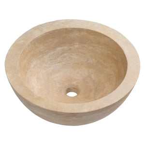 Villohome light beige travertine vessel sink for bathroom vanity, round honed stone basin.