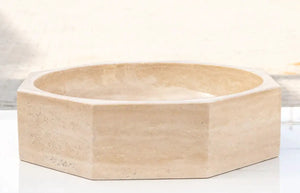 Travertine octagonal above-vanity bathroom vessel sink, light beige, polished