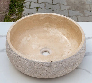 Vessel sink, Villohome light beige travertine with rustic exterior