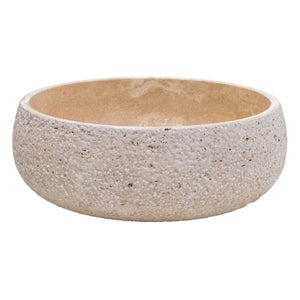 Light beige travertine vessel sink for above-counter vanity, rustic exterior