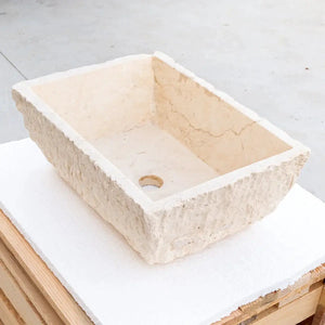 Troia Light Rustic Travertine rectangular vanity sink with hand-chiseled exterior by Villohome.