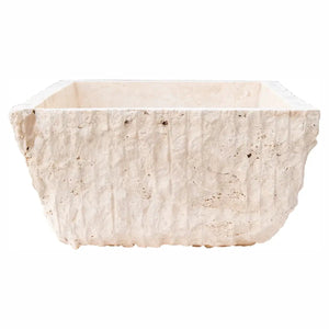 Troia Light Rustic Travertine vanity sink by Villohome, rectangular above-counter with hand-chiseled exterior
