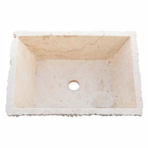 Villohome Troia Light travertine rectangular bathroom sink with hand-chiseled exterior.