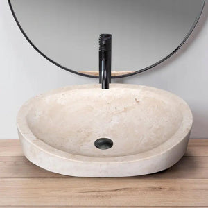 Villohome light travertine round stone vessel sink, honed finish for above-vanity bathroom use