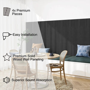 HAUSVITA MDF Acoustic Slat Wood Wall Panels; white and charcoal vertical slat design, 4x premium pieces