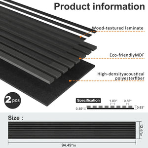 HAUSVITA MDF Acoustic Slat Wood Wall Panels, black wood-textured laminate, 2 pcs