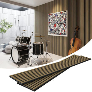 MDF Acoustic Slat Wood Wall Panels by HAUSVITA in dark wood finish with vertical slats.