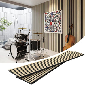 MDF Acoustic Slat Wood Wall Panels by HAUSVITA with natural wood-toned vertical slats.