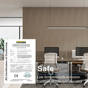 MDF Acoustic Slat Wood Wall Panels by HAUSVITA in light wood finish on wall.