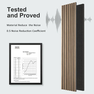 HAUSVITA MDF acoustic slat wood wall panels with natural wood slats and dark backing, NRC 0.5.