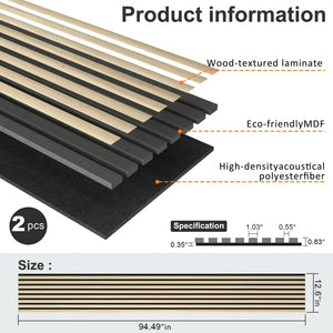 HAUSVITA MDF Acoustic Slat Wood Wall Panels, wood-textured laminate, eco-friendly MDF, 2 pcs