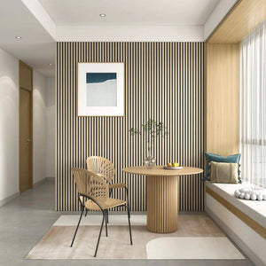 HAUSVITA MDF acoustic slat wall panels in natural wood; vertical striped backdrop in dining area with two wooden chairs.