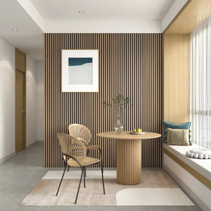 MDF Acoustic Slat Wood Wall Panels by HAUSVITA in natural wood finish on a dining room wall