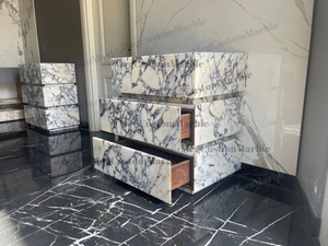 Freestanding vanity unit with Calacatta Viola marble drawers; white with purple-gray veining, by MEG Custom Marble