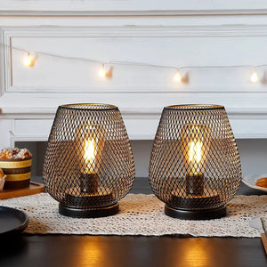 Set of 2 brown metal mesh table lamps with exposed bulbs, battery-operated, by JHY DESIGN