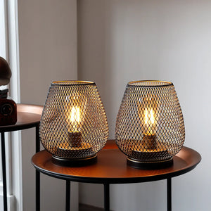 Set of 2 brown metal table lamps with mesh cage, battery-operated Edison bulbs by JHY DESIGN.
