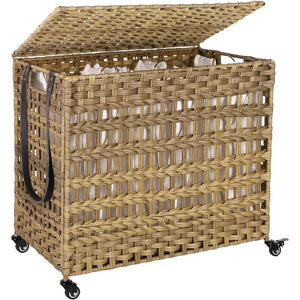 HomePacific tan PP rattan 3-basket laundry hamper cart with removable cotton bags and wheels