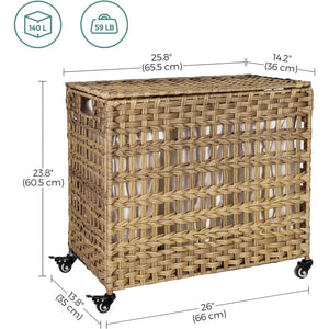 HomePacific tan PP rattan 3-basket laundry sorter cart with removable cotton bags on wheels