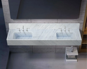 Carrara White Marble bathroom double sink by Villohome with fluted front and dual faucets