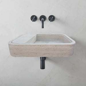 Beige travertine rectangular wall-mount vessel sink with hidden drain, 16x24x5 in.