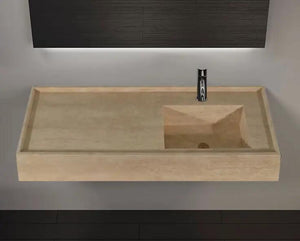 Troia beige travertine rectangular wall-mount bathroom sink with chrome faucet