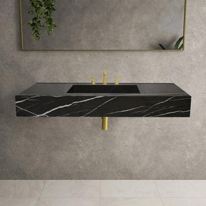 Toros black marble rectangular wall-mount bathroom sink with gold fixtures