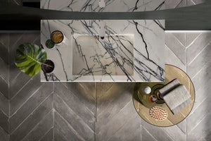 New York Marble wall-mount bathroom sink by Villohome with hidden drain; white marble with black veining