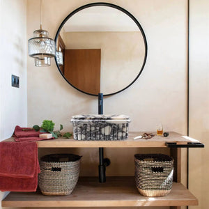 Villohome Calacatta Viola marble wall-mount square fluted bathroom sink, 16x16x6 in, with black faucet.