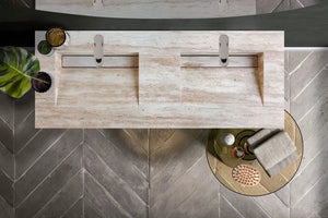 Troia Light travertine vein-cut double sink vanity by Villohome