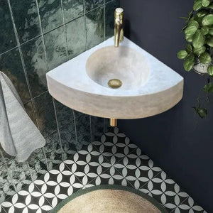 Villohome Troia Light Travertine wall-mount corner bathroom sink with gold faucet